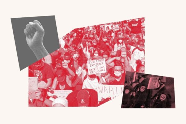 Collage featuring a raised fist, a crowd protesting