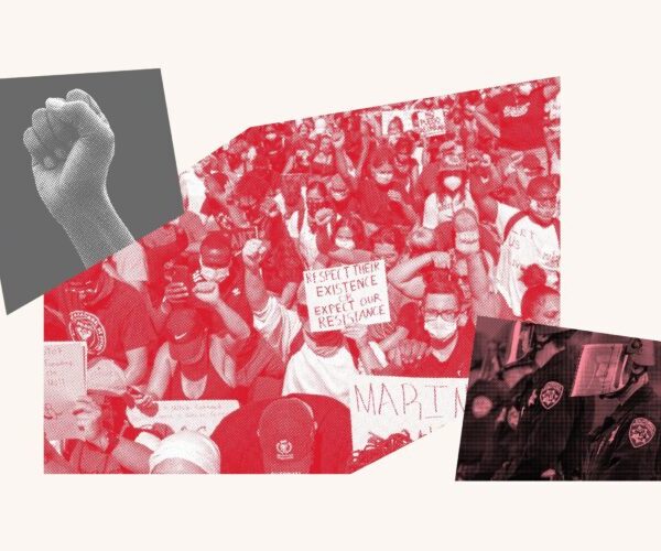 Collage featuring a raised fist, a crowd protesting