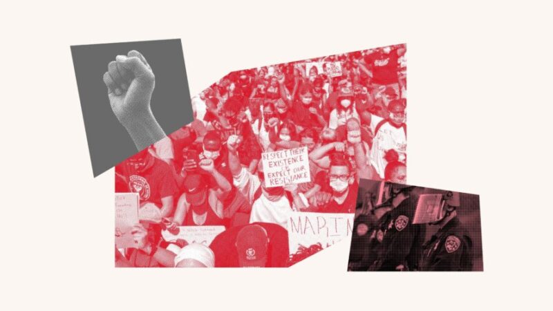 Collage featuring a raised fist, a crowd protesting