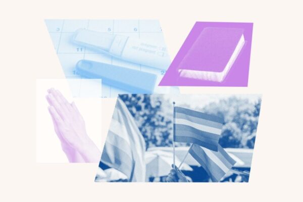 Collage with pregnancy test, praying hands, a Pride flag and a bible