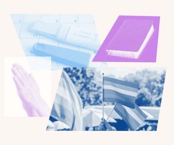 Collage with pregnancy test, praying hands, a Pride flag and a bible