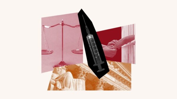 Collage with justice scale, syringe, the supreme court