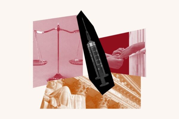 Collage with justice scale, syringe, the supreme court