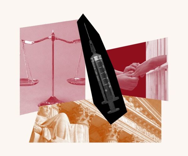 Collage with justice scale, syringe, the supreme court
