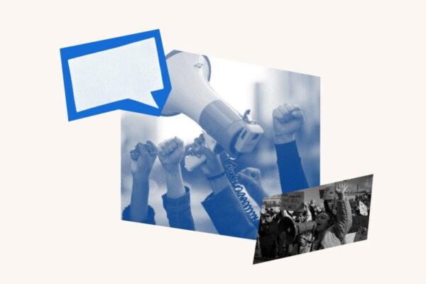 Collage with blue graphic showing a message box, a megaphone with raised fists and protestors
