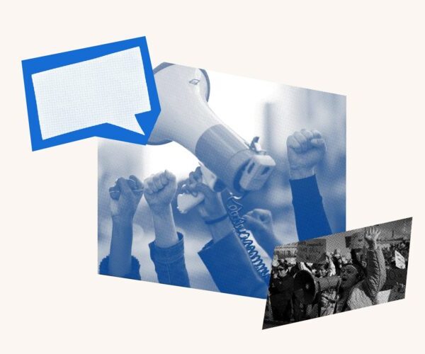 Collage with blue graphic showing a message box, a megaphone with raised fists and protestors
