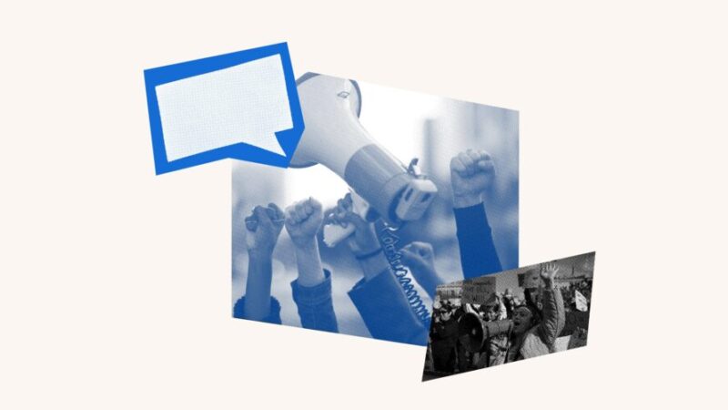 Collage with blue graphic showing a message box, a megaphone with raised fists and protestors