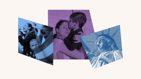 Collage with crowd and a flag, a mother hugging a child and the statue of liberty