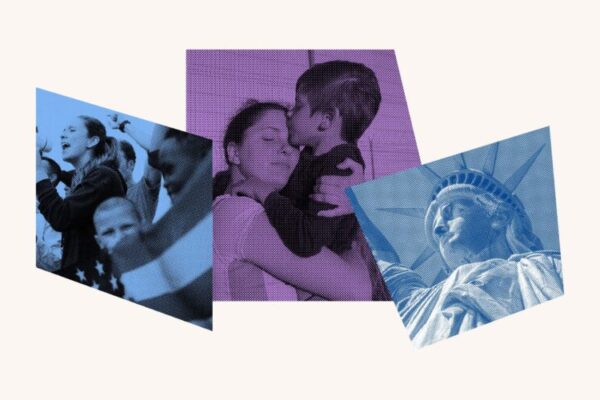 Collage with crowd and a flag, a mother hugging a child and the statue of liberty