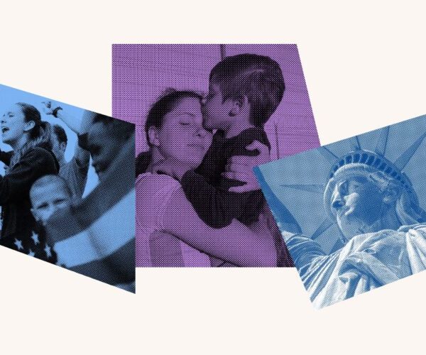 Collage with crowd and a flag, a mother hugging a child and the statue of liberty