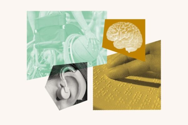 Collage with wheelchair, hearing aid, brain and fingers reading braille