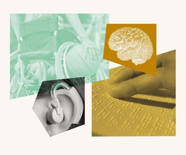 Collage with wheelchair, hearing aid, brain and fingers reading braille