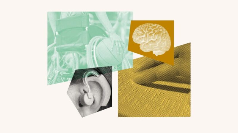 Collage with wheelchair, hearing aid, brain and fingers reading braille