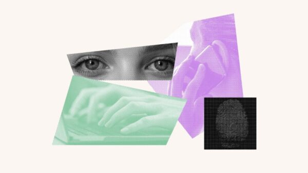 Collage with a pair of eyes, fingers typing on a keyboard, a person talking on a cell phone and a fingerprint