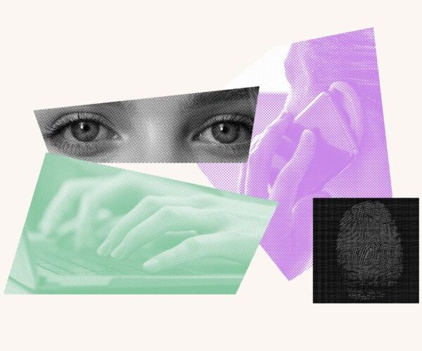 Collage with a pair of eyes, fingers typing on a keyboard, a person talking on a cell phone and a fingerprint