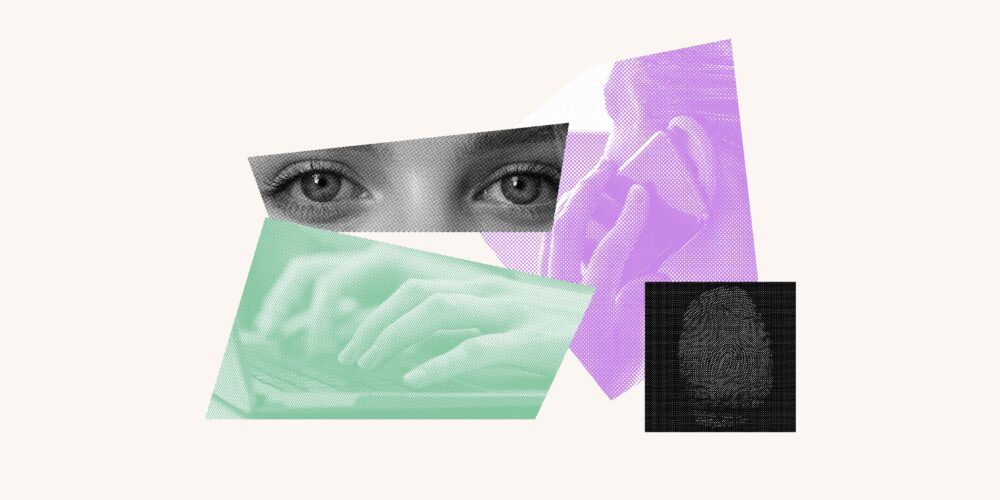 Collage with a pair of eyes, fingers typing on a keyboard, a person talking on a cell phone and a fingerprint