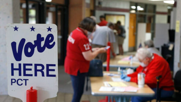 Image of a polling place with two people and a sign that reads, "vote here"