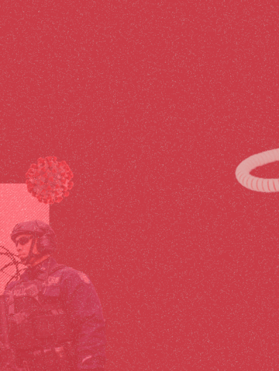 Red banner with prison bars and a telephone