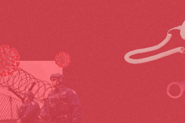 Red banner with prison bars and a telephone