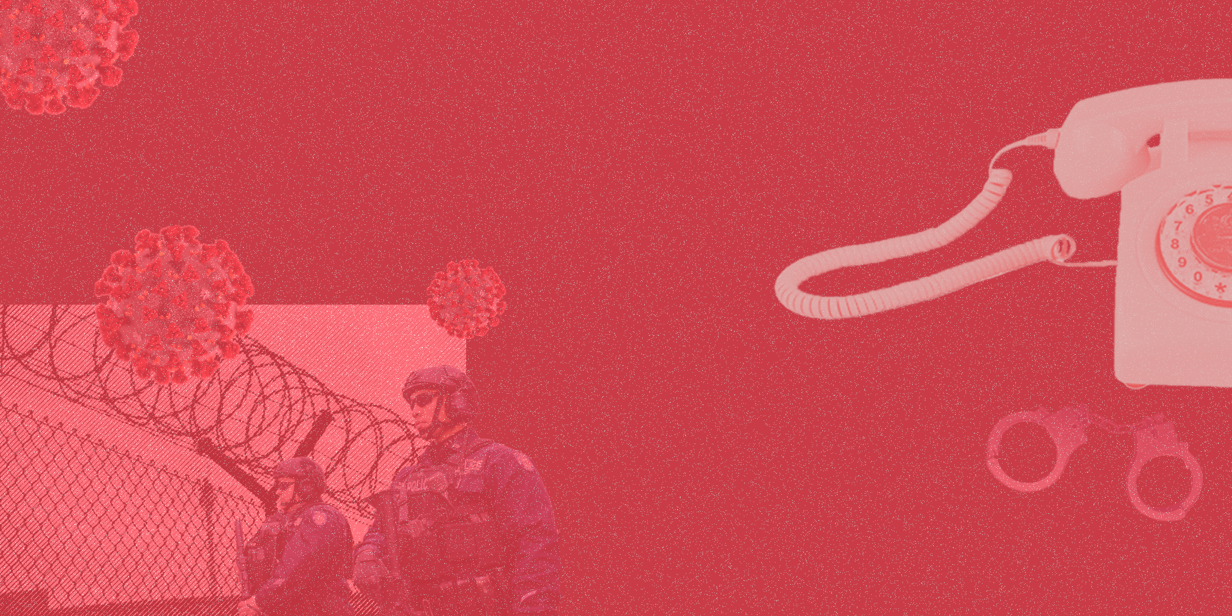 Red banner with prison bars and a telephone