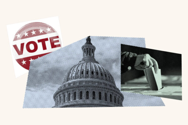 Collage of voting sticker, top of the White House and a ballot being cast