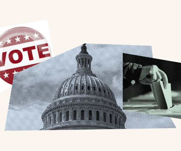Collage of voting sticker, top of the White House and a ballot being cast