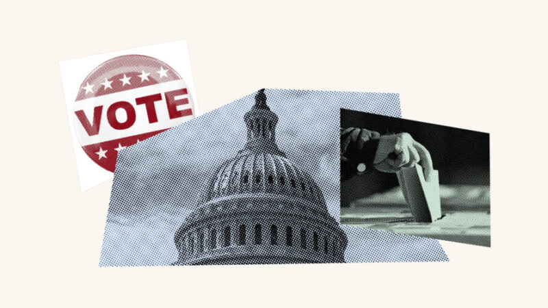 Collage of voting sticker, top of the White House and a ballot being cast