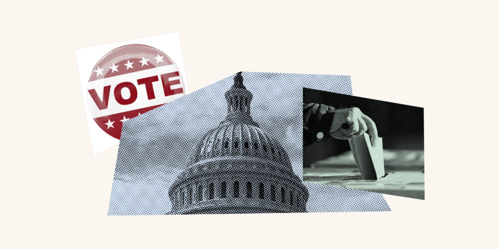 Collage of voting sticker, top of the White House and a ballot being cast
