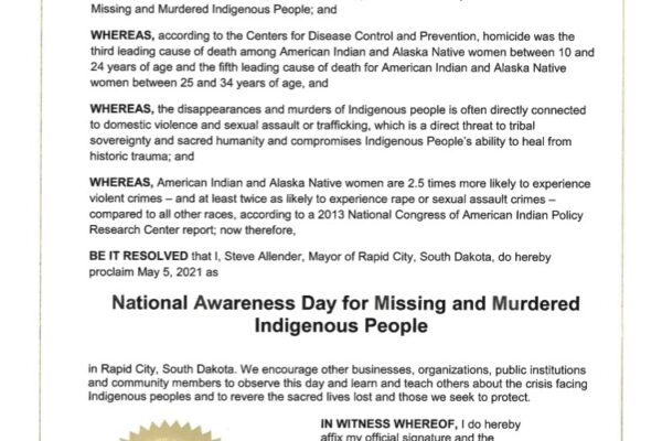 National Awareness Day for Missing and Murdered Indigenous People - Rapid City proclamation