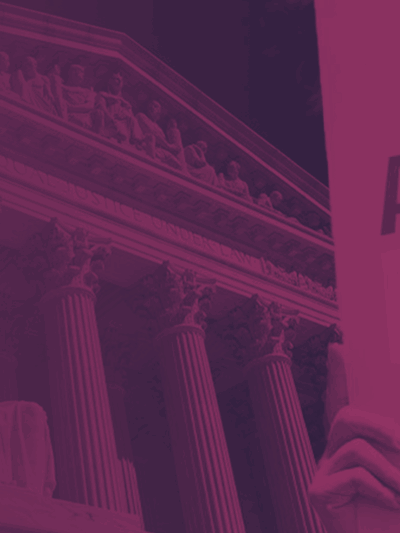 Image of the Supreme Court with a purple filter and a protest sign that reads, "ABORTION IS HEALTHCARE. ABORTION IS A RIGHT."