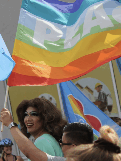 Image of two pride flags and a crowd at a parade