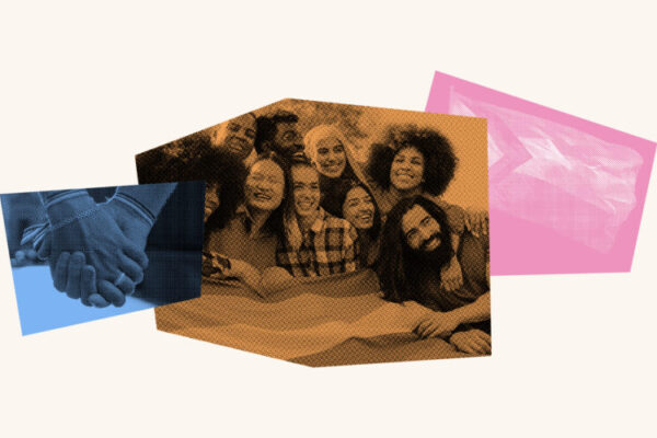Collage with hands holding each other, a group of people smiling joyfully and the Pride flag