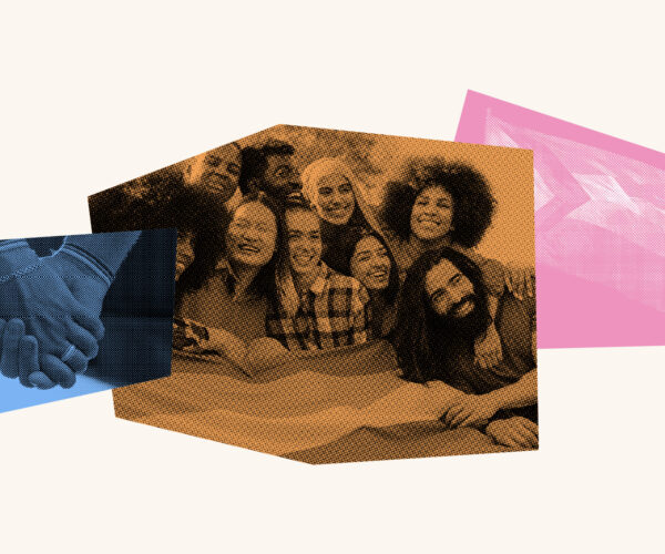 Collage with hands holding each other, a group of people smiling joyfully and the Pride flag