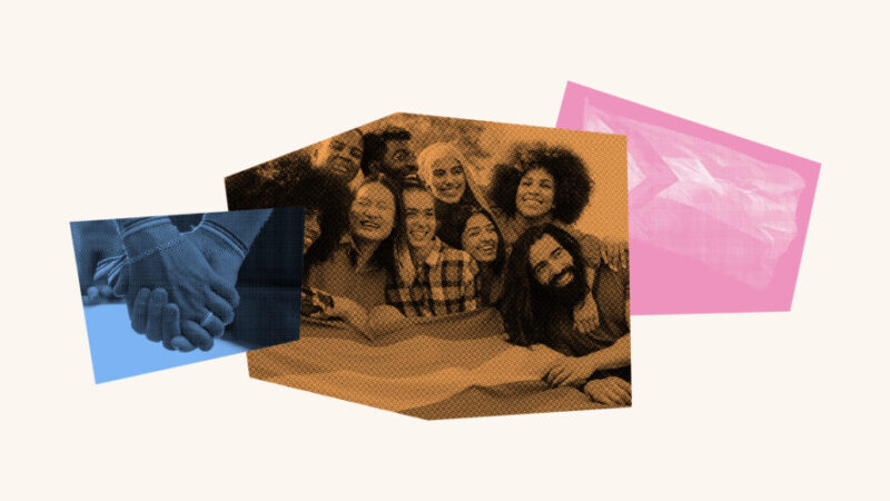 Collage with hands holding each other, a group of people smiling joyfully and the Pride flag