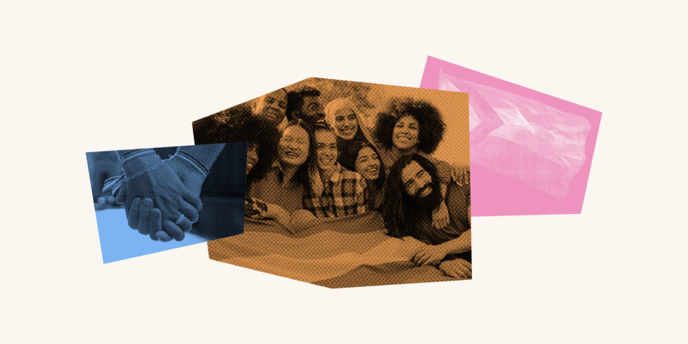 Collage with hands holding each other, a group of people smiling joyfully and the Pride flag