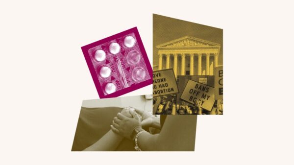 A collage featuring birth control, two people holding hands and a protest in front of the Supreme Court