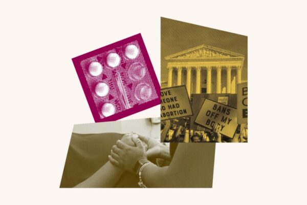 A collage featuring birth control, two people holding hands and a protest in front of the Supreme Court