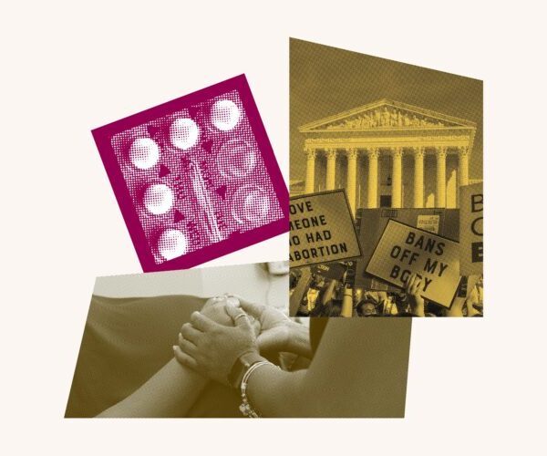 A collage featuring birth control, two people holding hands and a protest in front of the Supreme Court