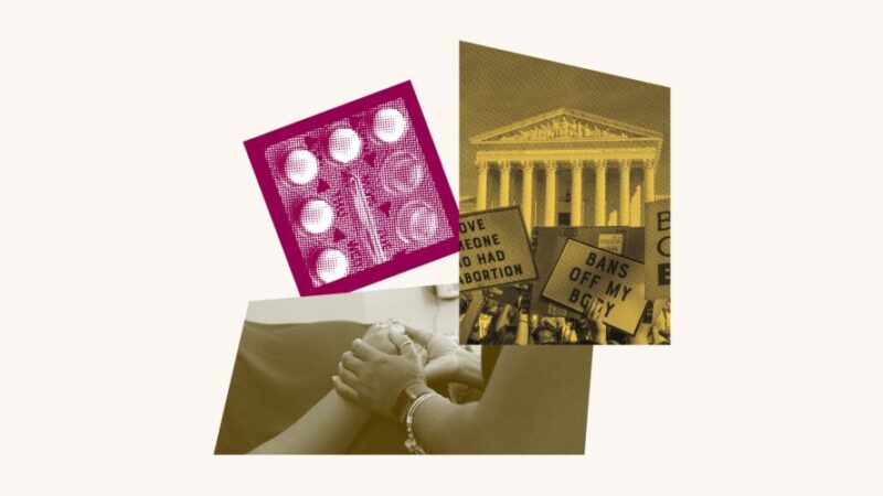 A collage featuring birth control, two people holding hands and a protest in front of the Supreme Court