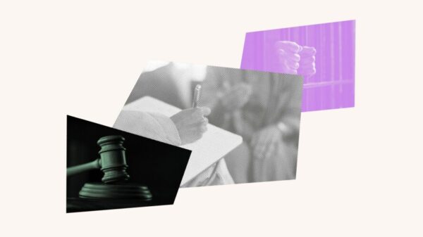 Collage with a gavel, someone being interviewed and hands on prison bars