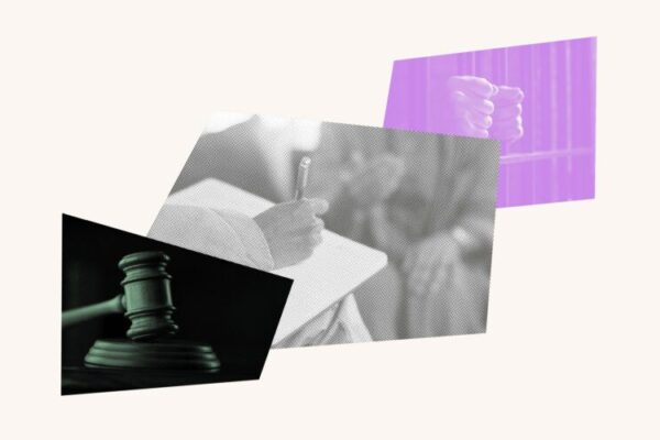 Collage with a gavel, someone being interviewed and hands on prison bars