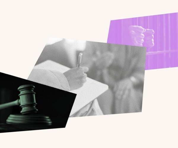 Collage with a gavel, someone being interviewed and hands on prison bars