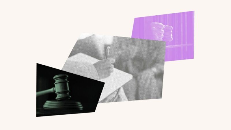 Collage with a gavel, someone being interviewed and hands on prison bars