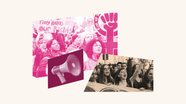 Collage with women protesting, a megaphone