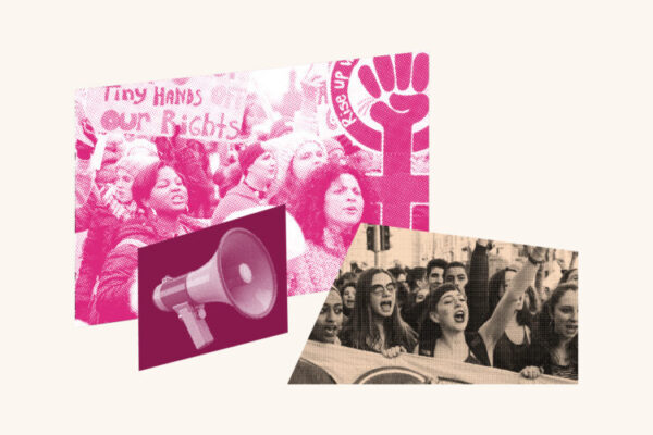 Collage with women protesting, a megaphone