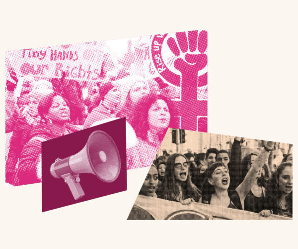 Collage with women protesting, a megaphone