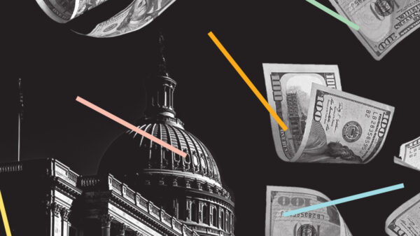 Paper money falling over the House of Congress.