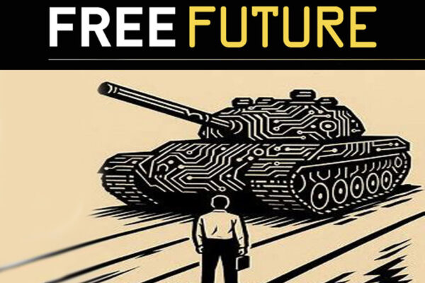 Free Future: A woodcut-style image of a man in front of a tank with circuit board design on it