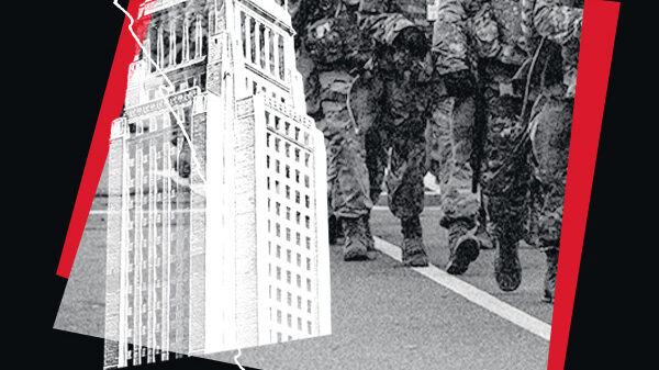Start red and black image showing troops on our streets.