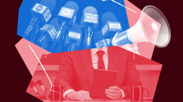 Protect Free Speech imagery including podium microphones and a megaphone.